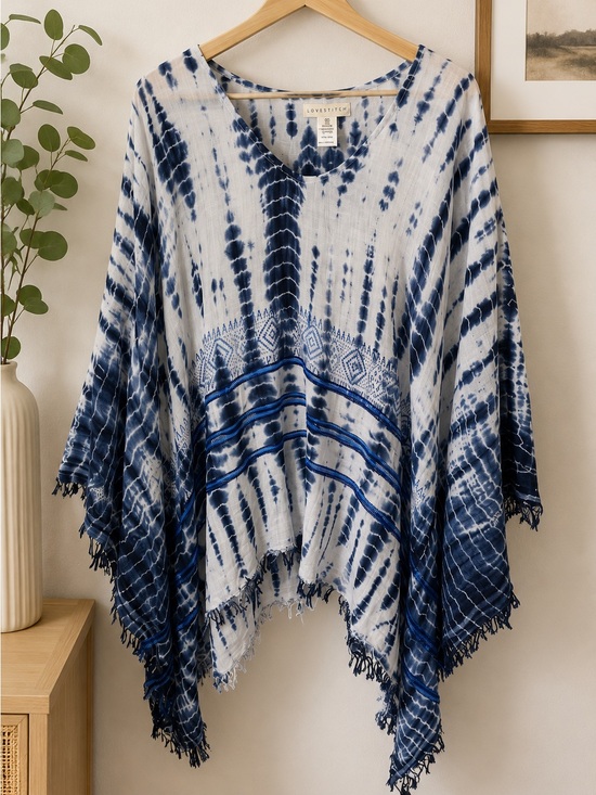 lovestitch Tops - Lovestitch Blue Tie Dye Fringe Poncho Top One Size Boho 100% Cotton